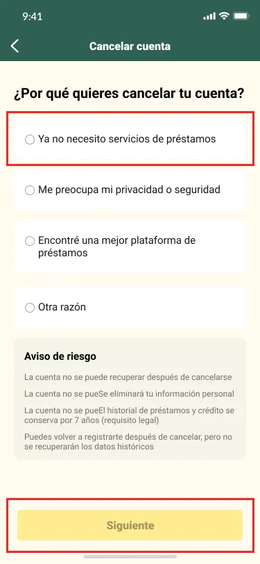 Paso 3: Selecciona el motivo por el que quieres cancelar tu cuenta. Mejoraremos nuestro producto con base en tu comentario.